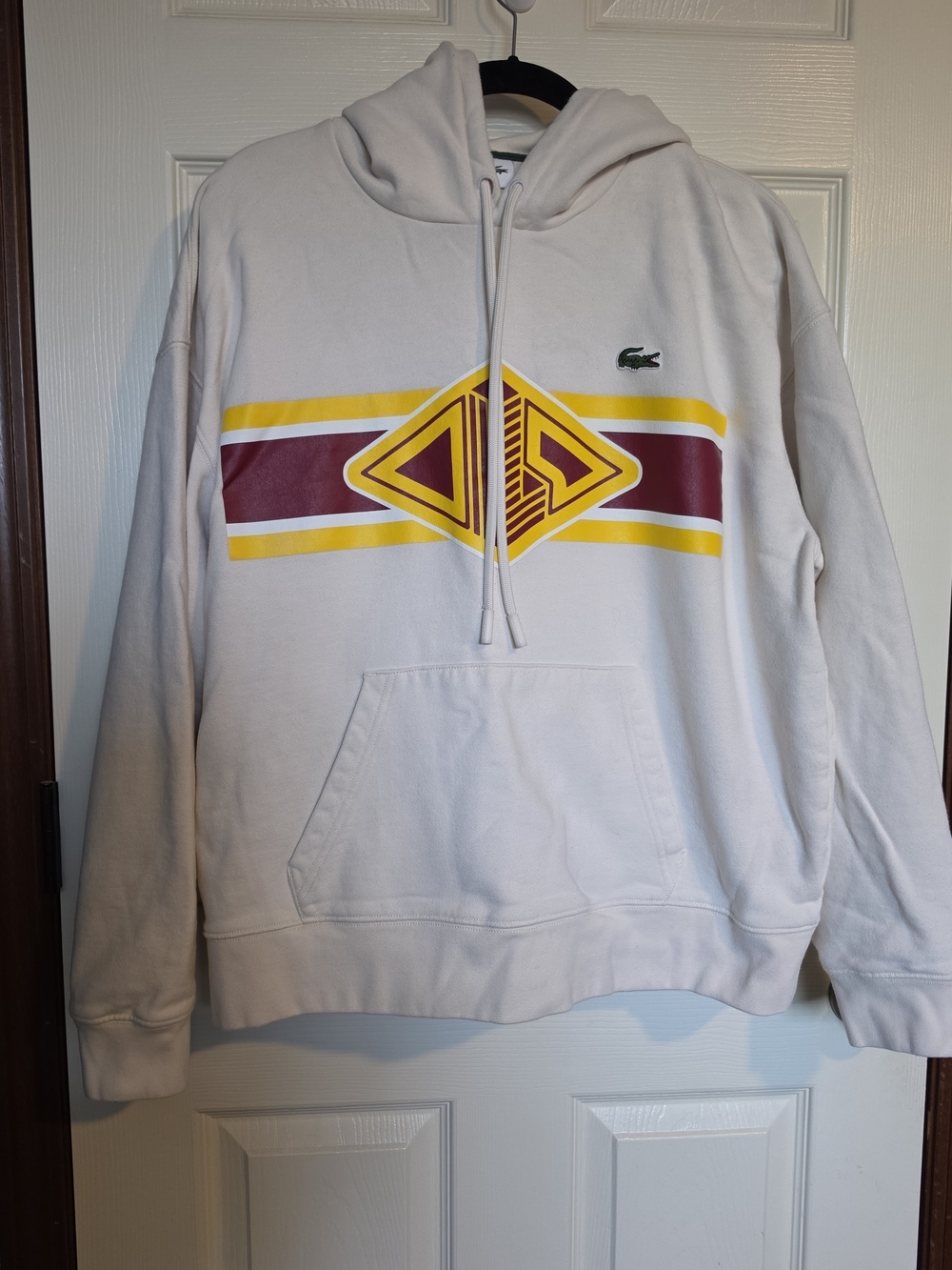 Lacoste Cream Hoodie with Burgundy & Yellow Graphic